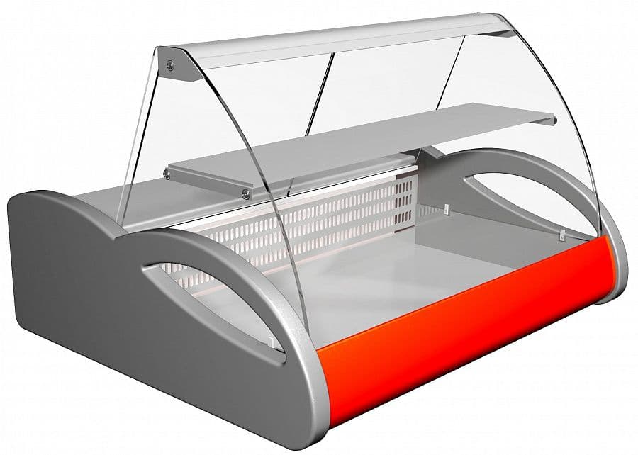 Витрина холодильная Carboma A87 SM 1,5-1 0011-3020 (ВХС-1,5 Арго) бок сер, декор красный